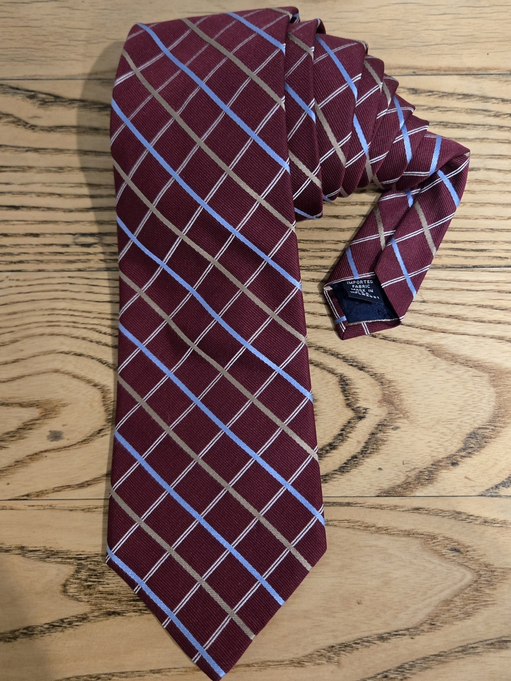 Nautica Burgundy Tie with Light Blue and Taupe Windowpane